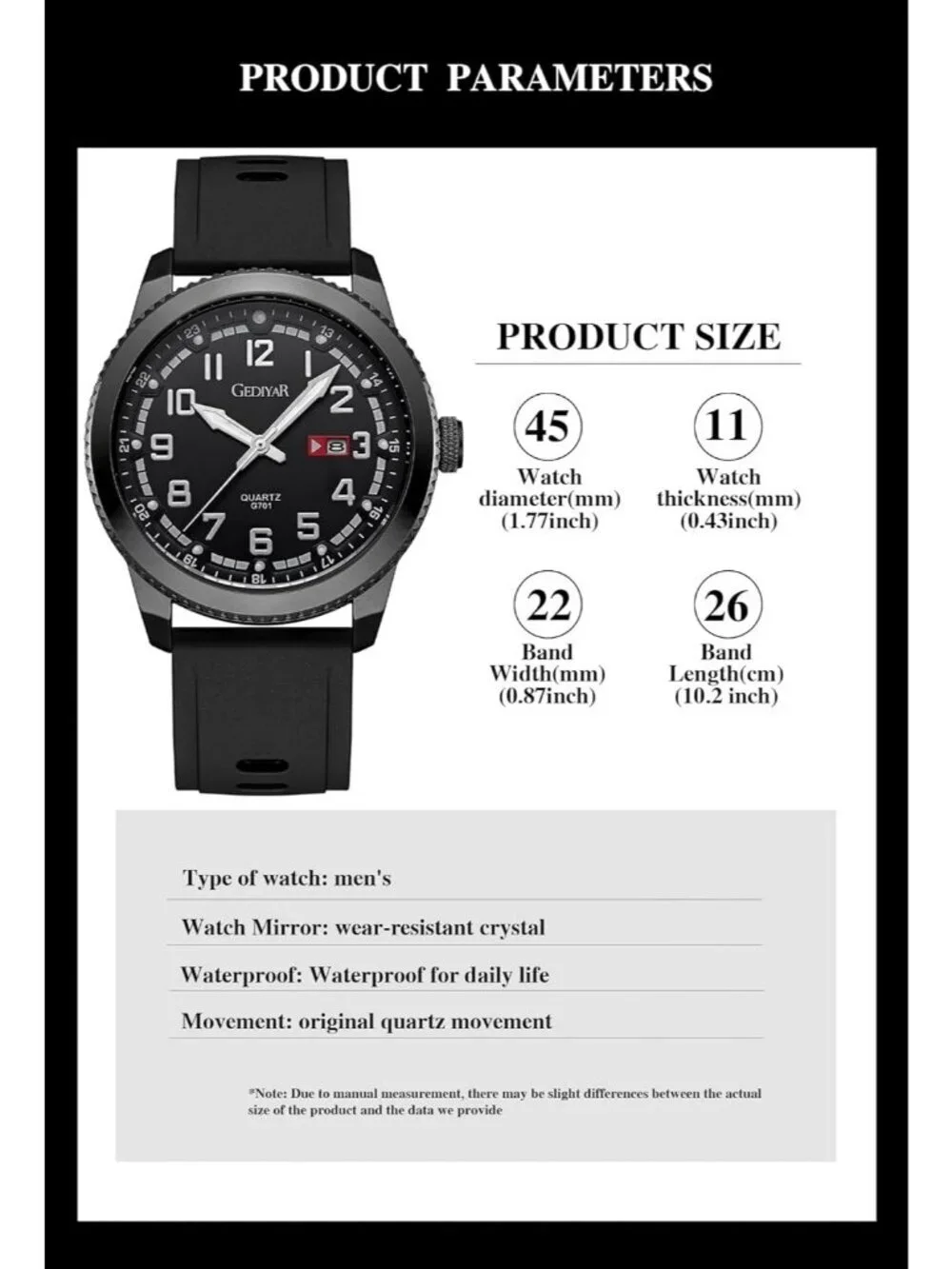 Men's Black Analog Quartz Waterproof Silicone Band Luminous Stylish Wrist Watch